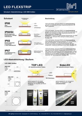 Schutzart / Abstrahlrichtung / LED SMD Größen
Schnittzeichnung
FLEXSTRIP
TOP-LED Streifen, Schutzart IP00 für die Innenanwendung
geeignet und rückseitig mit einem doppelseitig klebenden 3M
Tape ausgestattet.
TOP-LED Streifen, Schutzart IP60 für die Innenanwendung
geeignet. Ein Epoxidharz-Verguß dient als Berührungsschutz. Die
Streifen sind rückseitig mit einem doppelseitig klebenden 3M
Tape ausgestattet. Kurzbez. IPE
Sonderform: Verguss der elektronischen Komponenten von oben
mit Silikon d.h. Schutzart IP64, bedingt für Außen geeignet.
Kurzbez. IPK
TOP-LED Streifen, Schutzart IP65 für die Innenanwendung
sowie bedingte Außenanwendung geeignet. Ein PVC Schlauch
dient als Feuchtigkeits- und Berührungsschutz. Je nach
Ausführung mit oder ohne doppelseitig klebenden 3M Tape
ausgestattet. Zusätzliche Befestigung über Halter. Kurzbez. IPT
TOP-LED Streifen, Schutzart IP67 für die Außenanwendung
geeignet. Die LED Streifen Komponenten sind mit Silikon von
allen Seiten dicht vergossen und somit dauerhaft gegen Umwelt-
einflüsse wie Feuchte und Berührung zuverlässig geschützt. Zur
Befestigung sind die Streifen rückseitig mit einem doppelseitig
klebenden 3M Tape ausgestattet. Kurzbez. IPS
IP00
offen
Innenbereich
IP60/64
Berührungsschutz
Innenbereich / bedingt
Außenbereich
IP65
Berührungsschutz
Innenbereich
u. bed. Außenbereich
IP67
Feuchtigkeitsschutz
Außenbereich
TOP LED
90° Abstrahlrichtung zur Platine
LED SMD Größen
LED Abstrahlrichtung / Bauform
Schutzart
SideLED
180° Abstrahlrichtung zur Platine
Epoxidharz-
Verguss /
Silikonverguss
Silikonschlauch mit
Silikonverguss
LED
Platine
3M Klebetape
optimal geeignet für die direkte
Hinterleuchtung und geradlinige
Verlegung z.B. Aluprofile oder flache
Lichtkästen.
optimal geeignet für die Verlegung in
Radien, z.B. eingesetzt in rund
verlaufende Nuten.
SMD 3528
0.08W
1-Chip
120°
2.8
3.5
SMD 5050
0.24W
3-Chip
120°
5.0
5.0
SMD
3528
SMD
5050
SMD
0335
SideLED
Beschreibung
SMD 0335
0.1W
1-Chip
120° 0.3
3.5
LED
Platine
3M Klebetape
90°
120°
180°
120°
PVC Schlauch /
od. Silikon Schlauch
Bei den angegebenen Daten handelt es sich um ca. Angaben, technische Änderungen behalten wir uns vor.
NP Lighting Vertriebs-GmbH - Speckgraben 19 - D-34414 Warburg - Tel.: +49 (0) 5641/78111 0 Fax: +49 (0) 5641/78111 21 info@nplighting.de
LED FLEXSTRIP
 
