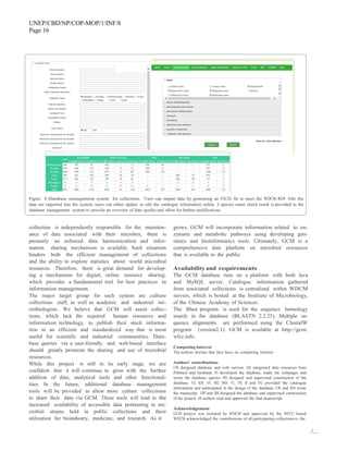 UNEP/CBD/NP/COP-MOP/1/INF/8
Page 16
/…
Figure 4 Database management system for collections. Users can import data by generating an EXCEL file to meet the WDCM RDS. After the
data are imported into the system, users can either update or edit the catalogue information online. A species name check result is provided in the
database management system to provide an overview of data qualityand allow for further modifications.
collection is independently responsible for the mainten-
ance of data associated with their microbes, there is
presently no enforced data harmonization and infor-
mation sharing mechanism is available. Such situation
hinders both the efficient management of collections
and the ability to explore statistics about world microbial
resources. Therefore, there is great demand for develop-
ing a mechanism for digital, online resource sharing,
which provides a fundamental tool for best practices in
information management.
The major target group for such system are culture
collections staff, as well as academic and industrial mi-
crobiologists. We believe that GCM will assist collec-
tions, which lack the required human resources and
information technology, to publish their stock informa-
tion in an efficient and standardized way that is most
useful for scientific and industrial communities. Data-
base queries via a user-friendly and web-based interface
should greatly promote the sharing and use of microbial
resources.
While this project is still in its early stage, we are
confident that it will continue to grow with the further
addition of data, analytical tools and other functional-
ities. In the future, additional database management
tools will be provided to allow more culture collections
to share their data via GCM. These tools will lead to the
increased availability of accessible data pertaining to mi-
crobial strains held in public collections and their
utilization for bioindustry, medicine, and research. As it
grows, GCM will incorporate information related to en-
zymatic and metabolic pathways using developing gen-
omics and bioinformatics tools. Ultimately, GCM is a
comprehensive data platform on microbial resources
that is available to the public.
Availability and requirements
The GCM database runs on a platform with both Java
and MySQL server. Catalogue information gathered
from associated collections is centralized within WDCM
servers, which is hosted at the Institute of Microbiology,
of the Chinese Academy of Sciences.
The Blast program is used for the sequence homology
search in the database (BLASTN 2.2.25). Multiple se-
quence alignments are performed using the ClustalW
program (version2.1). GCM is available at http://gcm.
wfcc.info.
Competing interest
The authors declare that they have no competing interest.
Authors’ contributions
LW designed database and web services. QS integrated data resources from
Pubmed and Genbank. SY developed the database, made the webpages and
wrote the database queries. HS designed and supervised construction of the
database. YZ, KM, AV, SKI, MO, YL, VR, SI and FG provided the catalogue
information and participated in the design of the database. LW and KM wrote
the manuscript. DP and JM designed the database and supervised construction
of the project. All authors read and approved the final manuscript.
Acknowledgement
GCM project was initiated by WDCM and approved by the WFCC board.
WDCM acknowledged the contributions of all participating collections to the
 