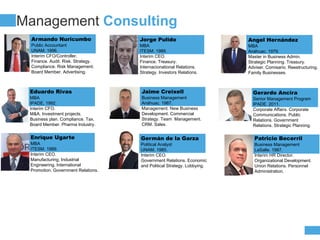 COMPANY
PROFIT
Management Consulting
Germán de la Garza
Political Analyst
UNAM. 1985.
Interim CEO.
Government Relations. Economic
and Political Strategy. Lobbying.
Angel Hernández
MBA
Anáhuac. 1979.
Master in Business Admin.
Strategic Planning. Treasury.
Adviser. Comisario. Reestructuring.
Family Businesses.
Armando Nuricumbo
Public Accountant
UNAM. 1996.
Interim CFO/Controller.
Finance. Audit. Risk. Strategy.
Compliance. Risk Management.
Board Member. Advertising.
Gerardo Ancira
Senior Management Program
IPADE. 2011.
Corporate Affairs. Corporate
Communications. Public
Relations. Government
Relations. Strategic Planning.
Jorge Pulido
MBA
ITESM. 1989.
Interim CEO.
Finance. Treasury.
Internacionational Relations.
Strategy. Investors Relations.
Jaime Creixell
Business Management
Anáhuac. 1987.
Management. New Business
Development. Commercial
Strategy. Team Management.
CRM. Sales.
Enrique Ugarte
MBA
ITESM. 1989.
Interim CEO.
Manufacturing. Industrial
Engineering. International
Promotion. Government Relations.
Patricio Becerril
Business Management
LaSalle. 1987.
Interim HR Director.
Organizational Development.
Union Relations. Personnel
Administration.
Eduardo Rivas
MBA
IPADE, 1992.
Interim CFO.
M&A. Investment projects.
Business plan. Compliance. Tax.
Board Member. Pharma Industry.
 