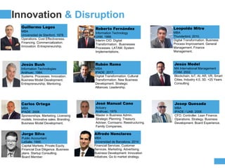 COMPANY
PROFIT
Innovation & Disruption
Guillermo Lagos
MBA
Universidad de Stanford. 1978.
Operations. Cost Effectiveness.
Financing. Commercialization.
Innovation. Entrepreneurship.
Jesús Medel
MA International Management
ITAM. 2002.
Blockchain, IoT, AI, AR, VR, Smart
Cities, Industry 4.0, 3D. +25 Years
Consulting
Leopoldo Mitre
MBA
Thunderbird. 2010.
Digital Transformation. Business
Process Improvement. General
Management. Finance
Management.
Jesús Bush
Information Technologies
Anáhuac. 1984.
Systems. Processes. Innovation.
Business Model Development.
Entrepreneurship. Mentoring.
Roberto Fernández
Information Technology
UAM. 1988.
Interim CIO. Digital
Transformation. Businesses
Processes. LATAM. System
Implementations.
Rubén Romo
MBA
IPADE. 2017.
Digital Transformation. Cultural
Transformation. New Business
Development. Strategic
Alliances. Leadership.
Carlos Ortega
MBA
IPADE. 2008.
Sponsorships. Marketing. Licensing
models. Innovative sales. Branding.
Business Model Development.
José Manual Cano
Actuary
Anáhuac. 1979.
Master in Business Admin.
Strategic Planning. Treasury.
Adviser. Comisario. Reestructuring.
Family Companies.
Josep Quesada
MBA
IPADE / UAB. 2008.
CFO. Controller. Lean Finance.
Operations. Strategy. Business
Development. Board Experience.
Jorge Silva
Public Accountant
LaSalle. 1995.
Capital Markets. Private Equity.
Financial Due Diligence. Business
plans. Startup Consulting.
Board Member.
Alfredo Nenclares
MBA
Universidad de Barcelona. 2014
Financial Services. Customer
Services. Marketing. Advertising.
Business Development. Innovation
initiatives. Go to market strategy.
 