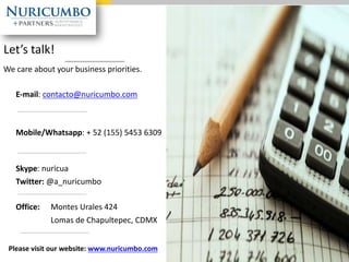 We care about your business priorities.
Let’s talk!
E-mail: contacto@nuricumbo.com
Mobile/Whatsapp: + 52 (155) 5453 6309
Skype: nuricua
Twitter: @a_nuricumbo
Office: Montes Urales 424
Lomas de Chapultepec, CDMX
Please visit our website: www.nuricumbo.com
 