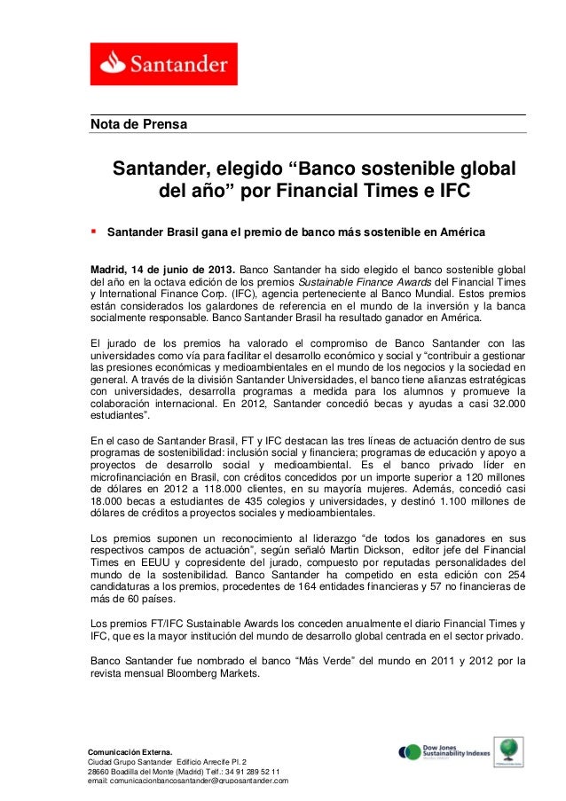 Santander Elegido Banco Sostenible Global Del Ano Por Financial Ti