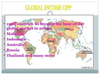 120 Countries  to become the base of the glob al  market  in 2009 Malaysia Indonesia Australia Russia Thailand and many more GLOBAL INCOME OPP 
