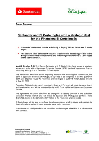 Santander and El Corte Inglés sign a strategic deal for the Financiera El Corte Inglés