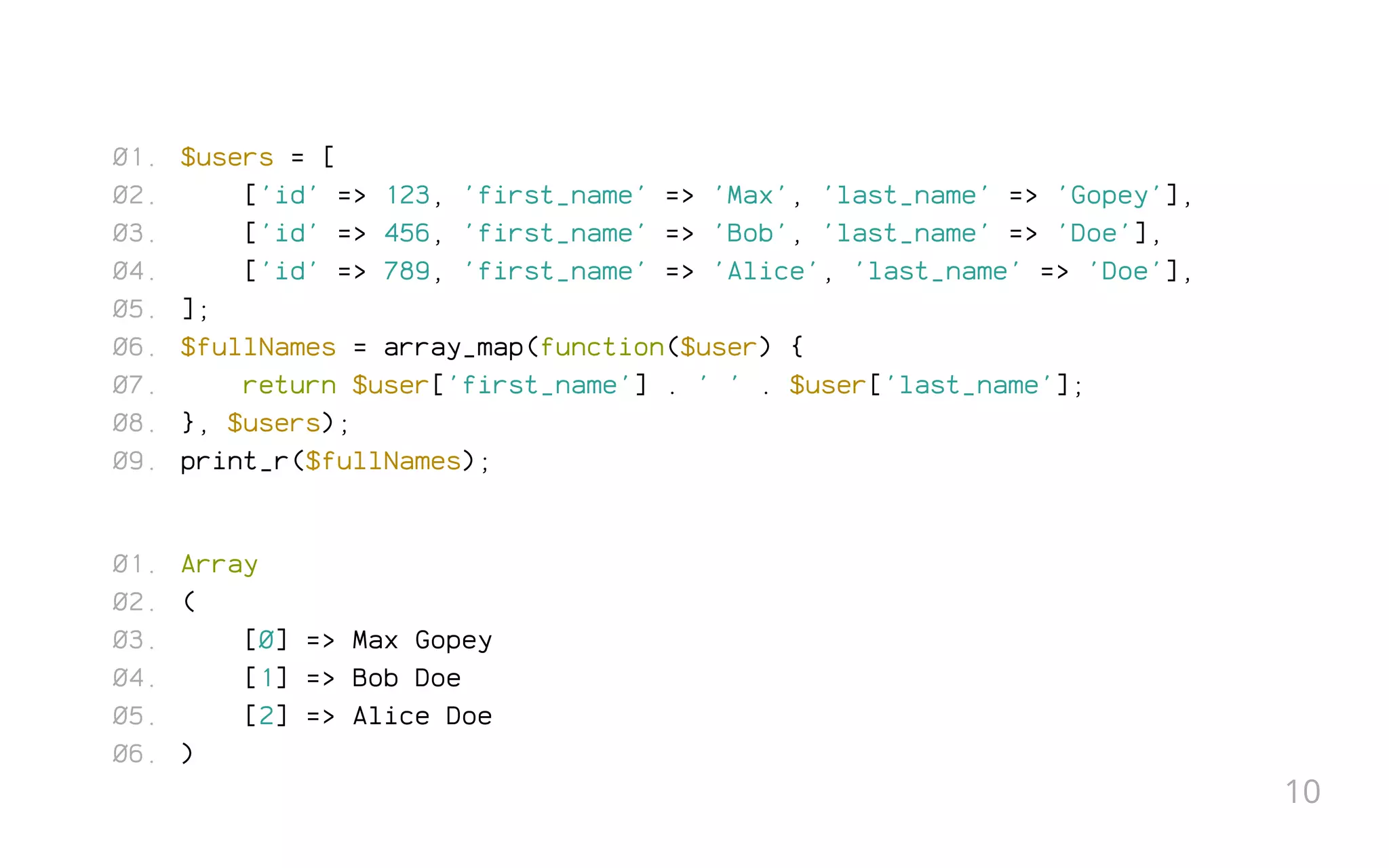 $users = [
['id' => 123, 'first_name' => 'Max', 'last_name' => 'Gopey'],
['id' => 456, 'first_name' => 'Bob', 'last_name' => 'Doe'],
['id' => 789, 'first_name' => 'Alice', 'last_name' => 'Doe'],
];
$fullNames = array_map(function($user) {
return $user['first_name'] . ' ' . $user['last_name'];
}, $users);
print_r($fullNames);
Array
(
[0] => Max Gopey
[1] => Bob Doe
[2] => Alice Doe
)
01.
02.
03.
04.
05.
06.
07.
08.
09.
01.
02.
03.
04.
05.
06.
10
 
