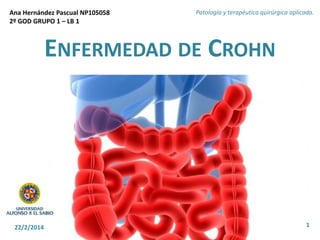 Ana Hernández Pascual NP105058
2º GOD GRUPO 1 – LB 1
Patología y terapéutica quirúrgica aplicada.
ENFERMEDAD DE CROHN
122/2/2014
 