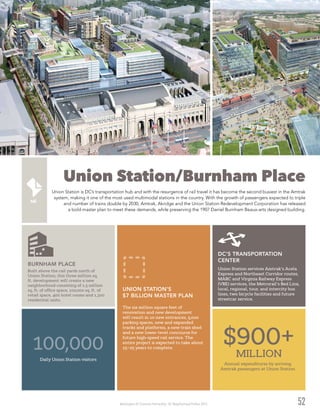 Washington DC Economic Partnership · DC Neighborhood Profiles 2015 52
Union Station/Burnham Place
Union Station is DC’s transportation hub and with the resurgence of rail travel it has become the second busiest in the Amtrak
system, making it one of the most used multimodal stations in the country. With the growth of passengers expected to triple
and number of trains double by 2030, Amtrak, Akridge and the Union Station Redevelopment Corporation has released
a bold master plan to meet these demands, while preserving the 1907 Daniel Burnham Beaux-arts designed building.
DC’S TRANSPORTATION
CENTER
Union Station services Amtrak’s Acela
Express and Northeast Corridor routes,
MARC and Virginia Railway Express
(VRE) services, the Metrorail’s Red Line,
local, regional, tour, and intercity bus
lines, two bicycle facilities and future
streetcar service.
BURNHAM PLACE
Built above the rail yards north of
Union Station, this three million sq.
ft. development will create a new
neighborhood consisting of 1.5 million
sq. ft. of office space, 100,000 sq. ft. of
retail space, 400 hotel rooms and 1,300
residential units.
UNION STATION’S
$7 BILLION MASTER PLAN
The six million square feet of
renovation and new development
will result in 10 new entrances, 5,000
parking spaces, new and expanded
tracks and platforms, a new train shed
and a new lower-level concourse for
future high-speed rail service. The
entire project is expected to take about
15–25 years to complete.
Daily Union Station visitors
100,000
Annual expenditures by arriving
Amtrak passengers at Union Station
$900+
MILLION
 