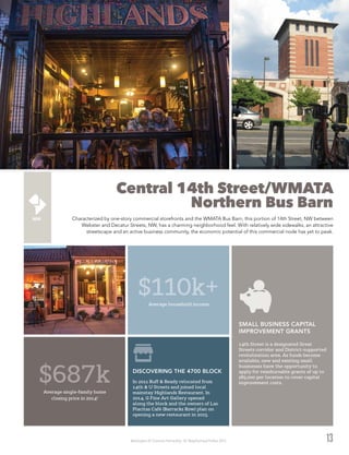 Washington DC Economic Partnership · DC Neighborhood Profiles 2015
Central 14th Street/WMATA
Northern Bus Barn
Characterized by one-story commercial storefronts and the WMATA Bus Barn, this portion of 14th Street, NW between
Webster and Decatur Streets, NW, has a charming neighborhood feel. With relatively wide sidewalks, an attractive
streetscape and an active business community, the economic potential of this commercial node has yet to peak.
13
$110k+Average household income
$687kAverage single-family home
closing price in 20142
In 2011 Ruff & Ready relocated from
14th & U Streets and joined local
mainstay Highlands Restaurant. In
2014, G Fine Art Gallery opened
along the block and the owners of Las
Placitas Café (Barracks Row) plan on
opening a new restaurant in 2015.
DISCOVERING THE 4700 BLOCK
14th Street is a designated Great
Streets corridor and District-supported
revitalization area. As funds become
available, new and existing small
businesses have the opportunity to
apply for reimbursable grants of up to
$85,000 per location to cover capital
improvement costs.
SMALL BUSINESS CAPITAL
IMPROVEMENT GRANTS
 