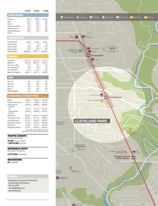 Washington DC Economic Partnership · DC Neighborhood Profiles 2015
0–½mi 0–1mi 0–3mi
POPULATION
Population 9,343 29,805 341,853
Male 43% 45% 48%
Female 57% 55% 52%
High School Graduate + 99% 97% 91%
Bachelor’s Degree + 87% 82% 68%
Graduate/Professional
Degree
58% 52% 40%
HOUSEHOLDS
Households (HH) 5,857 16,666 161,041
Average HH Size 1.6 1.8 2.0
Owner-occupied 38% 40% 42%
Renter-occupied 62% 60% 58%
Median HH Value $808,036 $798,571 $679,667
INCOME
Average HH $137,130 $141,853 $127,619
Median HH $99,106 $102,132 $87,512
HH Income < $50k 21% 21% 31%
HH Income $50–75k 16% 14% 13%
HH Income $75k+ 62% 65% 56%
Median HH Disposable $88,347 $90,715 $82,822
AGE
Age < 20 9% 11% 17%
Age 20–34 39% 38% 36%
Age 35–64 38% 37% 35%
Age 65+ 14% 14% 13%
Median Age (years) 36.0 36.0 33.9
CONSUMER EXPENDITURES ($ thousands)
Apparel $18,695 $54,467 $471,564
Computers & Accessories $3,027 $8,800 $76,130
Entertainment &
Recreation
$34,818 $103,029 $898,243
·· Pets $5,916 $17,543 $153,817
·· Television, Radio
& Sound
$13,958 $40,448 $353,742
Food at Home $56,498 $163,912 $1,438,382
Food away from Home $38,242 $111,199 $958,853
Home Improvement $16,717 $52,599 $462,910
Household Furnishings $11,470 $33,645 $289,859
Personal Care $5,108 $14,747 $153,817
Vehicle Maint. & Repair $11,476 $33,640 $294,674
Source: ESRI, 2014 Estimates & Projections
2. Smithsonian visitor statistics (through November)
TRAFFIC COUNTS
(Avg. annual daily volumes)
29,200 Connecticut Avenue
7,300-10,400 Porter Street
METRORAIL EXITS
(Avg. weekday / Avg. weekend)
4,277/5,066 Cleveland Park
WALKSCORE
84 Very Walkable
M
M
M
M
Woodley Park/Zoo/
Adams Morgan
Van Ness/UDC
Cleveland Park
Tenleytown/AU
UNIVERSITY OF
THE DISTRICT OF
COLUMBIA
WASHINGTON
NATIONAL
CATHEDRAL
MARRIOT WARDMAN
PARK HOTEL
UPTOWN THEATER
US NAVAL
OBSERVATORY
SAFEWAY
GLOVER PARK
HARDWARE
WHOLE
FOODS
MARKET
WHOLE
FOODS
MARKET
SAFEWAY
CONTAINER
STORE
YES!
ORGANIC
MARKET
MEDIUM RARE
SLATE WINE BAR
& BISTRO
SWEETGREEN
AMERICAN
UNIVERSITY
COLLEGE OF LAW
PARK
VAN NESS
BREAD
FURST
GIANT
PHO 14
WALGREENS
NATIONAL
ZOOLOGICAL
PARK
over
hbold
ark
Whitehaven
Park
Dumbarton
Oaks Park
M
ASSACHUSETTS
AVE
WISCONSINAVE
CALVERT ST
TILDEN ST
PARK
RD
KLINGLE RD
PORTER ST
TUNLAW
PL
CLEVELAN
D
AVE
ROCK
C
RE
EKPKWY
KALORAMA RD
WYOMING AVE
CALIFORNIA ST
24THST
23RDST
BELMONT RD
42NDST
W ST
40THPL
40STST
39THPL
39THST
38THST
UPTON ST
ORDWAY ST
MACOMB ST
NEWMARK ST
GARFIELD ST
WOODLEY RD
29THST
28THST
27THST
CATHEDRAL AVE
CATHEDRALAVE
W
O
ODLAND
DR
NORMANSTONE
DR
41STST
DAVIS PL
36THST
FULTON ST
CALVERT ST
34THPL
36THPL
CATHEDRAL AVE
WOODLEY RD
35THST
36THST
PILGRIM
RD
IDAHO
AVE
RODMAN ST
BROADBRANCHRD
39THST
38THST
34THST
OBS
ERVATORY CIRCLE
M
ASSACHUSETTS
AVE
WISCONSIN
AVE
RENO
RD
NEBRASKA
AVE
CONNECTICUTAVE
XICOAVE
T ST
ELLICOTT ST
ALBEMARLE ST
BRANDYWINE ST
DAVENPORT ST
36THST
WARREN ST
ALTON PL
38THST
42NDST
WHITEHAVEN ST
CONNECTICUTAVE
GLOVER PARK
PAGE 27
CONTACT
Washington, DC Economic Partnership
Chad Shuskey, SVP, Research
202.661.8670
cshuskey@wdcep.com
www.wdcep.com
VAN NESS
PAGE 53
Retail/Restaurant Arts/Tourism Education Government Great Street Main Street BID Area
CLEVELAND PARK
 