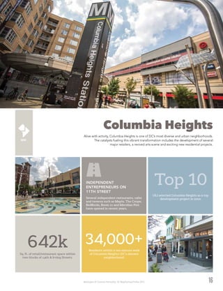 Washington DC Economic Partnership · DC Neighborhood Profiles 2015
Columbia Heights
Alive with activity, Columbia Heights is one of DC’s most diverse and urban neighborhoods.
The catalysts fueling this vibrant transformation includes the development of several
major retailers, a revived arts scene and exciting new residential projects.
16
Top 10
ULI selected Columbia Heights as a top
development project in 2010.
34,000+Residents within a ten-minute walk
of Columbia Heights–DC’s densest
neighborhood.
642kSq. ft. of retail/restaurant space within
two blocks of 14th & Irving Streets.
Several independent restaurants, cafes
and taverns such as Maple, The Coupe,
RedRocks, Room 11 and Meridian Pint
have opened in recent years.
INDEPENDENT
ENTREPRENEURS ON
11TH STREET
 