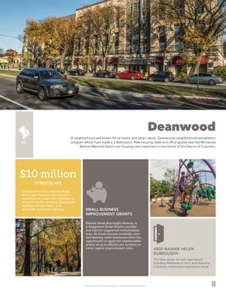 Washington DC Economic Partnership · DC Neighborhood Profiles 2015 18
Deanwood
A neighborhood well known for its history and urban nature, Deanwood’s neighborhood revitalization
program efforts have made it a destination. New housing, retail and office spaces near the Minnesota
Avenue Metrorail Station are focusing new investment in this corner of the District of Columbia.
STREETSCAPE
$10 million
Completed in 2012, Nannie Helen
Burroughs Avenue now features a
reconfigured single lane roadway to
allow for traffic calming, landscaped
medians, bicycle lanes, new
sidewalks and street lighting.
The five-story, 70-unit apartment
building delivered in 2013 and features
a Subway restaurant (opened in 2014).
4800 NANNIE HELEN
BURROUGHS
Nannie Helen Burroughs Avenue, is
a designated Great Streets corridor
and District-supported revitalization
area. As funds become available, new
and existing small businesses have the
opportunity to apply for reimbursable
grants of up to $85,000 per location to
cover capital improvement costs.
SMALL BUSINESS
IMPROVEMENT GRANTS
 
