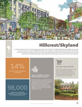 Washington DC Economic Partnership · DC Neighborhood Profiles 2015
Hillcrest/Skyland
Located in the heart of the communities found east of the Anacostia River, the Hillcrest/Skyland market offers high incomes
and direct access to more than 140,000 DC residents and customers in neighboring jurisdictions. With promising new
economic development opportunities on the horizon, this neighborhood is bound for an exciting future with improved
commercial and residential offerings as well as vibrant new streetscape improvements over the next few years.
30
Good Hope Road, is a designated Great
Streets corridor and District-supported
revitalization area. As funds become
available, new and existing small
businesses have the opportunity to
apply for reimbursable grants of up to
$85,000 per location to cover capital
improvement costs.
SMALL BUSINESS CAPITAL
IMPROVEMENT GRANTS
Retail sq. ft. at Good Hope
Marketplace—anchored by a 56,000
sq. ft. Safeway grocery store.
98,000
Increase in home closing prices
(2013-2014)2
14% Walmart has signed a lease to occupy
about 120,000 sq. ft. in the new
town center. Beyond the Walmart,
phase I will deliver 100,000 sq. ft. of
retail/restaurant space and 250-270
residential units in 2017/2018.
SKYLAND TOWN CENTER
 