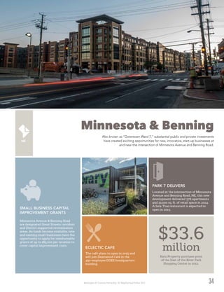 Washington DC Economic Partnership · DC Neighborhood Profiles 2015
Minnesota & Benning
Also known as “Downtown Ward 7,” substantial public and private investments
have created exciting opportunities for new, innovative, start-up businesses at
and near the intersection of Minnesota Avenue and Benning Road.
34
Minnesota Avenue & Benning Road
are designated Great Streets corridors
and District-supported revitalization
areas. As funds become available, new
and existing small businesses have the
opportunity to apply for reimbursable
grants of up to $85,000 per location to
cover capital improvement costs.
SMALL BUSINESS CAPITAL
IMPROVEMENT GRANTS
Located at the intersection of Minnesota
Avenue and Benning Road, NE, this new
development delivered 376 apartments
and 22,000 sq. ft. of retail space in 2014.
A Sala Thai restaurant is expected to
open in 2015.
PARK 7 DELIVERS
Katz Property purchase price
of the East of the River Park
Shopping Center in 2012.
$33.6
millionThe café plans to open in 2015 and
will join Deanwood Café in the
450-employee DOES headquarters
building.
ECLECTIC CAFE
 