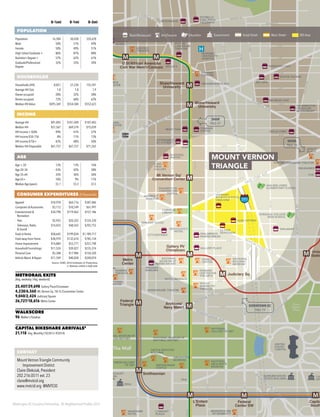 Washington DC Economic Partnership · DC Neighborhood Profiles 2015
0–½mi 0–1mi 0–3mi
POPULATION
Population 16,584 50,438 324,678
Male 50% 51% 49%
Female 50% 49% 51%
High School Graduate + 86% 87% 88%
Bachelor’s Degree + 57% 62% 61%
Graduate/Professional
Degree
32% 35% 34%
HOUSEHOLDS
Households (HH) 8,851 27,230 155,591
Average HH Size 1.8 1.8 1.9
Owner-occupied 28% 32% 38%
Renter-occupied 72% 68% 62%
Median HH Value $495,369 $554,584 $552,623
INCOME
Average HH $91,092 $101,449 $107,403
Median HH $51,567 $69,574 $75,039
HH Income < $50k 49% 41% 37%
HH Income $50–75k 8% 11% 13%
HH Income $75k+ 42% 48% 50%
Median HH Disposable $61,757 $67,727 $71,265
AGE
Age < 20 13% 13% 16%
Age 20–34 43% 42% 38%
Age 35–64 35% 36% 36%
Age 65+ 10% 9% 11%
Median Age (years) 33.1 33.3 33.5
CONSUMER EXPENDITURES ($ thousands)
Apparel $18,978 $64,716 $387,046
Computers & Accessories $3,112 $10,549 $61,997
Entertainment &
Recreation
$34,798 $119,462 $727,186
·· Pets $5,955 $20,352 $124,320
·· Television, Radio
& Sound
$14,425 $48,565 $292,752
Food at Home $58,642 $199,034 $1,189,717
Food away from Home $38,974 $132,610 $785,134
Home Improvement $14,884 $53,771 $357,798
Household Furnishings $11,524 $39,027 $235,374
Personal Care $5,348 $17,986 $124,320
Vehicle Maint. & Repair $11,769 $40,028 $240,074
Source: ESRI, 2014 Estimates & Projections
2. Stations within a half-mile
METRORAIL EXITS
(Avg. weekday / Avg. weekend)
25,407/29,698 Gallery Place/Chinatown	
4,238/6,560 Mt.Vernon Sq. 7th St./Convention Center
9,040/2,424 Judiciary Square	
26,727/18,616 Metro Center
WALKSCORE
96 Walker’s Paradise
CAPITAL BIKESHARE ARRIVALS2
21,118 Avg. Monthly (10/2013–9/2014)
395
M
MM
M
M
M
MM
M
M M
M
M
M
M
M
M
M M
Archives/
Navy Mem'l
Metro
Center
Mcpherson
Square
Farragut West
Farragut
North
ont
le
Federal
Triangle
Gallery Pl/
Chinatown
Mt Vernon Sq/
Convention Center
Shaw/Howard
University
U St/African American
Civil War Mem'l/Cardozo
L'Enfant
Plaza
Capito
South
Federal
Center SW
Unio
Statio
Judiciary Sq
Smithsonian
Shaw/Howard
University
NATIONAL
BUILDING
MUSEUM
VERIZON
CENTER
UNITED
STATES
CAPITOL
RAYBURN HOUSE
OFFICE BUILDING
CAN
OFFFAA
USDA
US HOLOCAUST
MEMORIAL
MUSEUM
HOWARD
UNIVERSITY
HOSPITAL
ERANS
ARTS & INDUSTRY
BUILDING
FREER GALLERY
OF ART SMITHSONIAN
CASTLE
HIRSHHORN
MUSEUM
NATIONAL
MUSEUM OF
AMERICAN ART
SHAKESPEARE THEATRE
HOTEL MONACO
RENAISSANCE
HOTEL
EMBASSY SUITES
SAFEWAY
BUSBOYS & POETS
VIDA GYM
CITYCENTERDC
THE HAMILTON
GALLERY PLACE
WOODIES
BUIDLING HARMAN
CENTER FOR
THE ARTS
WOOLY
MAMMOTH
THEATER
WARNER
THEATER
NATIONAL
THEATER
HOWARD
THEATER
WASHINGTON
CONVENTION
CENTER
MARRIOTT
MARQUIS
WASHINGTON
MONUMENT
THE WHITE
HOUSE
MF
WORLD BANK
NATIONAL MUSEUM OF
AMERICAN HISTORY NATIONAL MUSEUM OF
NATURAL HISTORY
NATIONAL
GALLERY OF ART
NATIONAL
AIR & SPACE
MUSEUM
WWII
MEMORIAL
DOI
GSA HQ
WALGREEN’S
PANERA BREAD
CARNEGIE
LIBRARY
WALKER JONES
ELEMENTARY SCHOOL
GONZAGA COLLEGE
HIGH SCHOOL
WINDOWS CAFE
RUSTIK TAVERN
BIG BEAR CAFÉ
WASHINGTON
FIREHOUSE
RESTAURANT
RED HEN
WALMART
CVS
L’ENFANT
PLAZA
RESIDENCE INN
BY MARRIOTT
MANDARIN
HOTEL
KOMI
SAFEWAY
YES!
ORGANIC
MARKET
MINTWOOD
PLACE
FUTURE
LANDMARK
THEATER
PROGRESSION PLACE
CITYMARKET
AT O STREET
ROOM &
BOARD
LAURIOL PLAZA
WHOLE FOODS
MARKET
TOPAZ HOTEL
PAUL BAKERY
CHARLES TYRWHITT
SOURCE
THEATER
STUDIO
THEATER
ASHINGTON
LTON
RENAISSANCE
MAYFLOWER HOTEL
THOMAS PINK
BROOKS BROTHERS
RIZIK’S
LINCOLN
THEATER
REEVES
CENTER
DUPONT HOTEL
R CONSTITUTION HALL
TRADER JOE’S
POTBELLY
FUEL PIZZA
FROZENYO
GIANT
BTOO
DSTROM RACK
LEN’S
ARDEN MARKET
MCDONALDS
UNLEASHED
SEASONAL
PANTRY
UNCLE CHIPS
TRYST
H&M
BEAU THAI COMPASS
COFFEE
LONG
VIEW
GALLERY
HYATT
PLACE
FUTURE LANDMARK THEATER
NELLIE’S
H
ALBA OSTERIA
LE PAIN
QUOTIDIEN
g Pool
The Mall
Union
Station
Plaza
The
Ellipse
Farragut
Square
Farragut
Square
Logan
Circle
Logan
Circle
Tidal
Basin
Lafayette
Square
Lafayette
Square
RHODE ISLAND AVE
FLORIDA AVE
1STST1STST
S ST
R ST
T ST
2NDST
3RDST
ADAMS ST
W ST
V ST
U ST
LINCOLNRD
1STST
16THST
CONNECTICUTAVE
MASSACHUSETTS AVE
14THST
NORTHCAPITOLST
7THST
NEW YORK AVE
6THST
11THST
NEW
HAM
PSHIRE
AVE
RD
NEWJERSEYAVE
9THST
8THST
13THST
FLORIDA AV
E
N ST N ST
G ST
F ST
VERMONTAVE
1STST
5THST
4THST
18THST
M ST M ST
19THST
R ST
2NDST
H ST
P ST
Q ST
S ST
P ST
O ST
T ST
V ST
4THST
5THST
KALORAM
A
RD
BRYANT ST
U ST
3RDST
LO
UISIAN
A
AVE
W
ASHIN
G
TO
N
AVE
CONSTITUTION AVE
14THST14THST
7THST
9THST
15THST
17THST
K ST K ST
PENNSYLVANIA AVE
12THST
4THST
L ST
G ST
F ST
E ST E ST
E ST
H ST
I ST
C ST
D ST
D ST
C ST
6THST
13THST
INDIANA AVE
A
AVE
3RDST
18THST
SHAW
PAGE 47
CONTACT
Mount Vernon Triangle Community
Improvement District
Claire Oleksiak, President
202.216.0511 ext. 23
claire@mvtcid.org
www.mvtcid.org @MVTCID
NOMA
PAGE 38
DOWNTOWN DC
PAGE 19
Retail/Restaurant Arts/Tourism Education Government Great Street Main Street BID Area
MOUNT VERNON
TRIANGLE
 