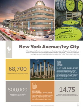 Washington DC Economic Partnership · DC Neighborhood Profiles 2015
New York Avenue/Ivy City
Offering potential for both commercial and manufacturing uses as well as parcels of land suitable for
mixed-use development, including large-scale retail, New York Avenue, NE, is becoming a destination
for shopping, restaurants and businesses that support the “maker” and innovation economy.
37
The area is home to Atlas Brew Works,
Green Hat Distillery and One Eight
Distilling and Union Kitchen’s second
food incubator plans to open in 2015.
BREWERIES,
DISTILLERIES & INCUBATORS
New York Avenue daily traffic volume
68,700 The historic warehouse and adjacent
land is being redeveloped into 330
apartments and 200,000 sq. ft. of retail
space. MOM’s 16,000 sq. ft. grocery store
will be joined by Petco, Planet Fitness,
Nike, and Mindful Restaurant Group,
among other retailers and restaurants.
HECHT WAREHOUSE DISTRICT
Acres of land for redevelopment at
New York Avenue and Bladensburg Road.
14.75Annual visitors to the nearby
U.S. National Arboretum.
500,000
 