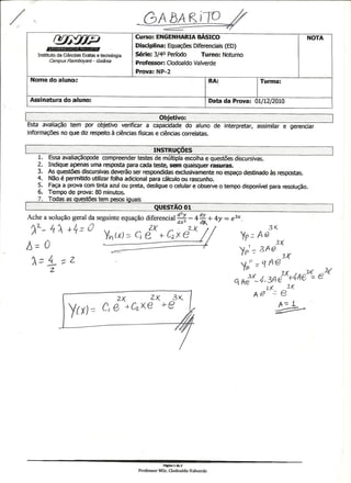 UNIP 4 Semestre -Np1 Equaçoes Diferenciais