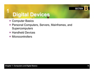 1
                                                      SECTION
                                                                B
         Digital Devices
    ï Computer Basics
    ï Personal Computers, Servers, Mainframes, and
       Supercomputers
    ï Handheld Devices
    ï Microcontrollers




Chapter 1: Computers and Digital Basics                         16
 