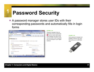 1 Password Security
    ï A password manager stores user IDs with their
       corresponding passwords and automatically fills in login
       forms




Chapter 1: Computers and Digital Basics                           57
 