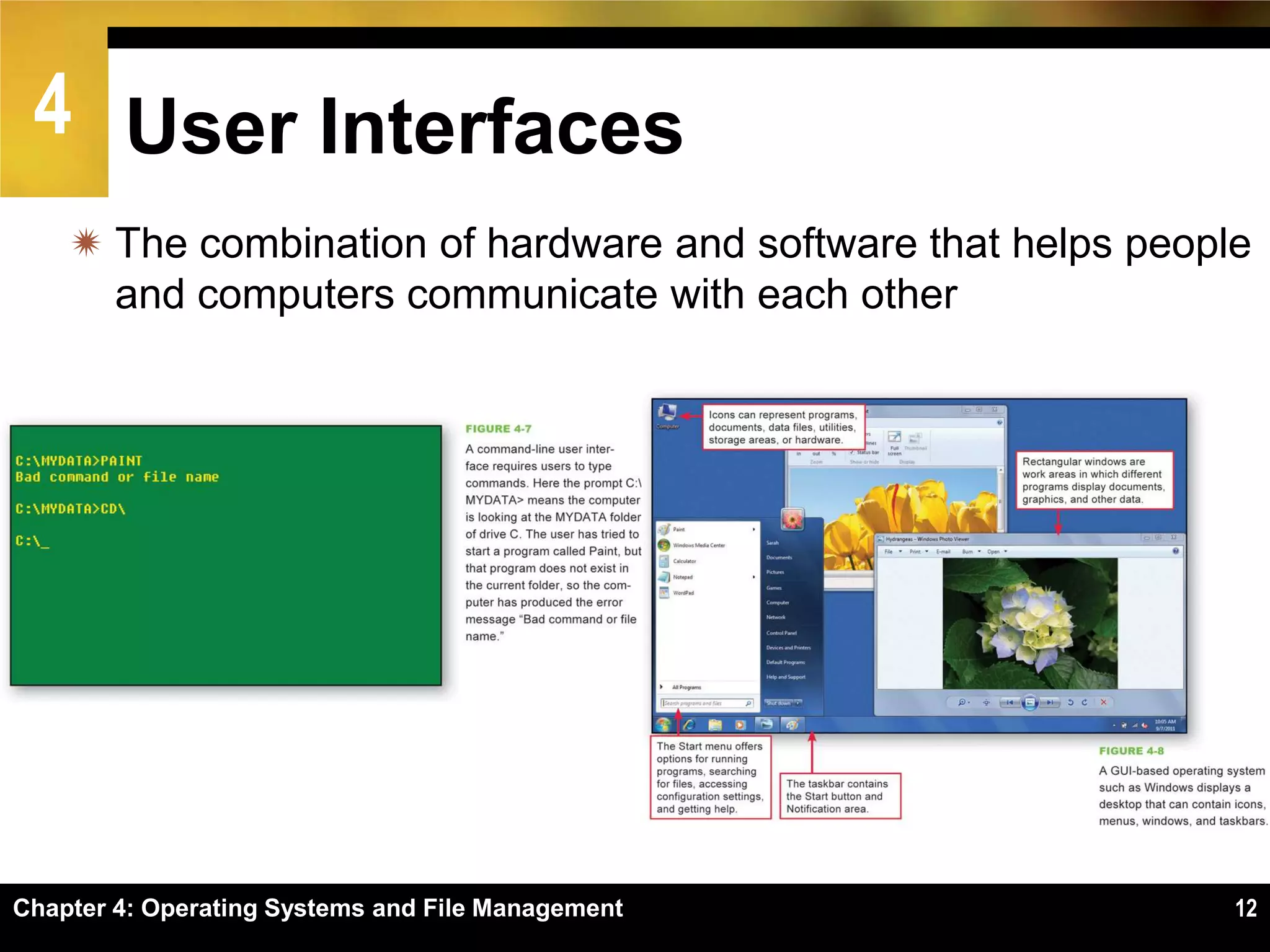 4 User Interfaces
     The combination of hardware and software that helps people
      and computers communicate with each other




Chapter 4: Operating Systems and File Management               12
 
