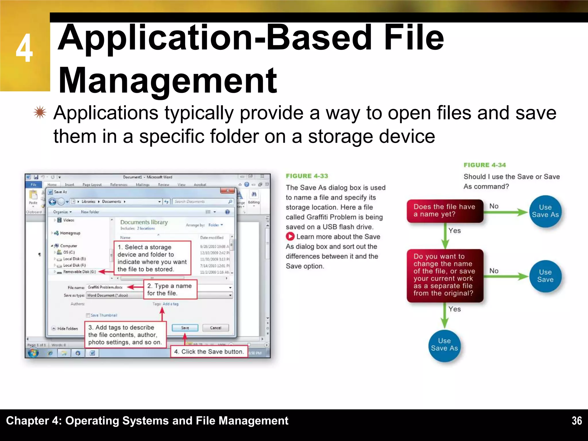 4 Application-Based File
        Management
     Applications typically provide a way to open files and save
      them in a specific folder on a storage device




Chapter 4: Operating Systems and File Management                    36
 
