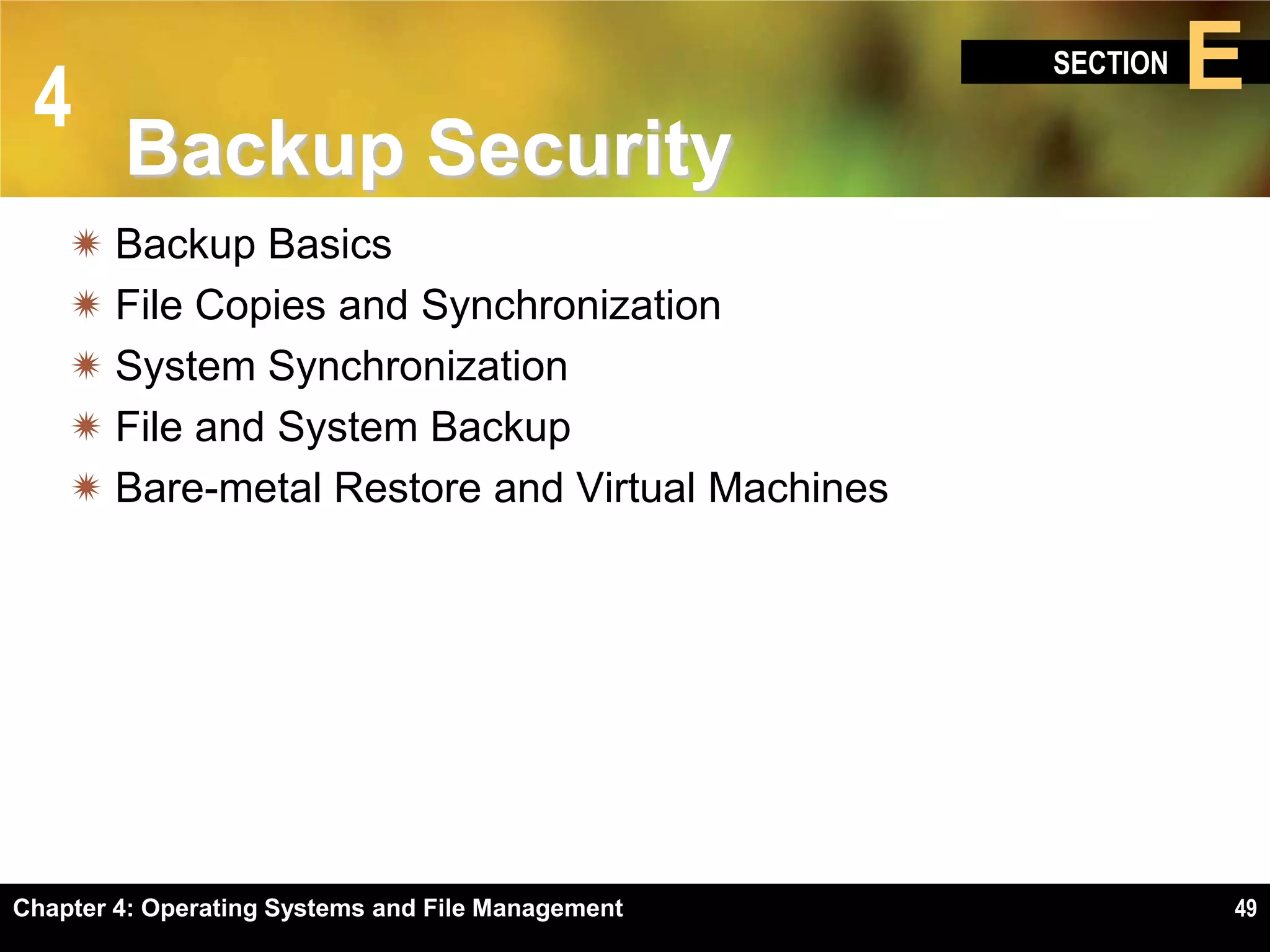 4
                                                   SECTION   E
        Backup Security
     Backup Basics
     File Copies and Synchronization
     System Synchronization
     File and System Backup
     Bare-metal Restore and Virtual Machines




Chapter 4: Operating Systems and File Management             49
 