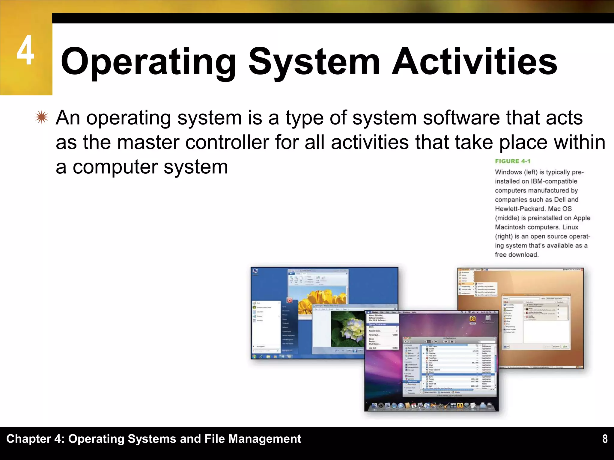 4 Operating System Activities
     An operating system is a type of system software that acts
      as the master controller for all activities that take place within
      a computer system




Chapter 4: Operating Systems and File Management                       8
 