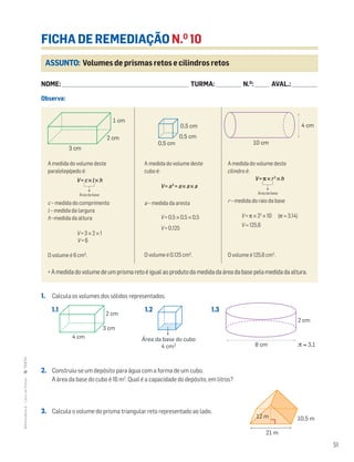 51
MATemática6–LivrodeFichas–TEXTO
A medida do volume deste
paralelepípedo é:
V = c ×l × h
c – medida do comprimento
l – medida da largura
h –medida da altura
V = 3 × 2 × 1
V = 6
O volume é 6 cm3
.
A medida do volume deste
cubo é:
V = a3
= a × a ×a
a – medida da aresta
V = 0,5 × 0,5 × 0,5
V = 0,125
O volume é 0,125 cm3
.
A medida do volume deste
cilindro é:
V = π × r2
× h
r – medida do raio da base
V = π × 22
× 10 (π ≈ 3,14)
V ≈ 125,6
O volume é 125,6 cm3
.
ASSUNTO: Volumes de prismas retos e cilindros retos
FICHA DE REMEDIAÇÃO N.O
10
NOME: _______________________________________________________________________ TURMA: ______________ N.O
: ________ AVAL.: ______________
Observa:
1. Calcula os volumes dos sólidos representados.
1.1 1.2 1.3
2. Construiu-se um depósito para água com a forma de um cubo.
A área da base do cubo é 16 m2
. Qual é a capacidade do depósito, em litros?
3. Calcula o volume do prisma triangular reto representado ao lado.
Matemática 6º ano
FICHAS DIFERENCIADAS
TEEE112C06MA00101
DT_32
1.a prova
05 Março 2011
Paulo Amorim
0,5 cm
0,5 cm3 cm
0,5 cm
4 cm
10 cm
1 cm
2 cm
Matemática 6º ano
FICHAS DIFERENCIADAS
TEEE112C06MA00101
DT_32
1.a prova
05 Março 2011
Paulo Amorim
0,5 cm
0,5 cm3 cm
0,5 cm
4 cm
10 cm
1 cm
2 cm
Matemática 6º ano
FICHAS DIFERENCIADAS
TEEE112C06MA00101
DT_32
1.a prova
05 Março 2011
Paulo Amorim
0,5 cm
0,5 cm3 cm
0,5 cm
4 cm
10 cm
1 cm
2 cm
Área da base Área da base
Área da base do cubo
4 cm2
4 cm
2 cm
8 cm
2 cm
3 cm
π ≈ 3,1Área da base do cubo
4 cm2
4 cm
2 cm
8 cm
2 cm
3 cm
π ≈ 3,1
Área da base do cubo
4 cm2
4 cm
2 cm
8 cm
2 cm
3 cm
π ≈ 3,1
• A medida do volume de um prisma reto é igual ao produto da medida da área da base pela medida da altura.
10,5 m
21 m
12 m
 