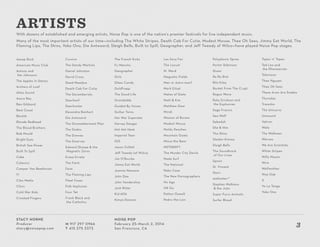 Stacy Horne
Producer
stacy@noisepop.com
M 917 297 0966
T 415 375 3373
Noise Pop
February 25–March 2, 2014
San Francisco, CA
3
With dozens of established and emerging artists, Noise Pop is one of the nation’s premier festivals for live independent music.
Many of the most important artists of our time—including The White Stripes, Death Cab For Cutie, Modest Mouse, Thee Oh Sees, Jimmy Eat World, The
Flaming Lips, The Shins, Yoko Ono, Die Antwoord, Sleigh Bells, Built to Spill, Geographer, and Jeff Tweedy of Wilco—have played Noise Pop stages.
ARTISTS
Aesop Rock
American Music Club
Antony and
the Johnsons
The Apples In Stereo
Archers of Loaf
Atlas Sound
Azure Ray
Ben Gibbard
Best Coast
Beulah
Blonde Redhead
The Blood Brothers
Bob Mould
Bright Eyes
British Sea Power
Built To Spill
Cake
Calexico
Camper Van Beethoven
!!!
Cibo Matto
Clinic
Cold War Kids
Crooked Fingers
Cursive
The Dandy Warhols
Daniel Johnston
David Cross
Dead Meadow
Death Cab For Cutie
The Decemberists
Deerhoof
Deerhunter
Devendra Banhart
Die Antwoord
The Dismemberment Plan
The Dodos
The Donnas
The Dwarves
Edward Sharpe & the
Magnetic Zeros
Erase Errata
The Faint
Feist
The Flaming Lips
Fleet Foxes
Folk Implosion
Four Tet
Frank Black and
the Catholics
The French Kicks
Fu Manchu
Geographer
Girls
Glass Candy
Goldfrapp
The Good Life
Grandaddy
Guided By Voices
Gutter Twins
Har Mar Superstar
Harvey Danger
Hot Hot Heat
Imperial Teen
ISIS
Jason Collett
Jeff Tweedy (of Wilco)
Jim O’Rourke
Jimmy Eat World
Joanna Newsom
John Doe
John Vanderslice
Josh Ritter
Kid 606
Kimya Dawson
Les Savy Fav
The Locust
M. Ward
Magnetic Fields
Man or Astro-man?
Mark Eitzel
Mates of State
Matt & Kim
Matthew Dear
Mirah
Mission of Burma
Modest Mouse
Moldy Peaches
Mountain Goats
Minus the Bear
MSTRKRFT
The Murder City Devils
Nada Surf
The National
Neko Case
The New Pornographers
No Age
OK Go
Patton Oswalt
Pedro the Lion
Polyphonic Spree
Porter Robinson
Quasi
Ra Ra Riot
Rilo Kiley
Rocket From The Crypt
Rogue Wave
Roky Erickson and
the Explosives
Sage Francis
Sea Wolf
Sebadoh
She & Him
The Shins
Sleater-Kinney
Sleigh Bells
The Soundtrack
of Our Lives
Spoon
St. Vincent
Stars
stellastarr*
Stephen Malkmus
& the Jicks
Super Furry Animals
Surfer Blood
Tapes ‘n’ Tapes
Ted Leo and
the Pharmacists
Television
Thao Nguyen
Thee Oh Sees
These Arms Are Snakes
Thursday
TransAm
The Unicorns
Unwound
Vetiver
Wale
The Walkmen
Wavves
We Are Scientists
White Stripes
Willy Mason
Wire
Wolfmother
Wye Oak
X
Yo La Tengo
Yoko Ono
 