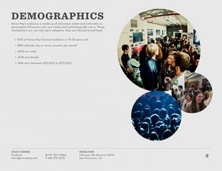 Stacy Horne
Producer
stacy@noisepop.com
M 917 297 0966
T 415 375 3373
Noise Pop
February 25–March 2, 2014
San Francisco, CA
8
Noise Pop’s audience is made up of educated, urban and culturally so-
phisticated influencers who are media and technologically savvy. These
trendsetters are not only early adopters, they are fiercely brand loyal.
»» 82% of Noise Pop Festival audience is 19–35 years old
»» 88% attends two or more concerts per month
»» 60% are male
»» 40% are female
»» 44% earn between $25,000 to $75,000
DEMOGRAPHICS
 