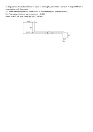 2a.A Agua escoa através da instalação da figura. As canalizações, a montante e a jusante da maquina M, tem o
mesmo diâmetro D. Determinar:
a) A Potencia fornecida ao fluido pela maquina M, indicando se é uma bomba ou turbina.
b) A Potencia da maquina se o seu rendimento é de 65%.
Dados: 62,8 L/s,D = 10cm, Hp(1,2) = 10m, g = 10m/s².

 