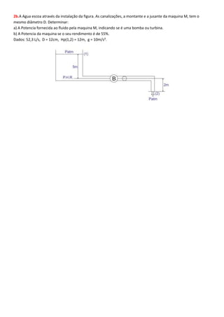 2b.A Agua escoa através da instalação da figura. As canalizações, a montante e a jusante da maquina M, tem o
mesmo diâmetro D. Determinar:
a) A Potencia fornecida ao fluido pela maquina M, indicando se é uma bomba ou turbina.
b) A Potencia da maquina se o seu rendimento é de 55%.
Dados: 52,3 L/s, D = 12cm, Hp(1,2) = 12m, g = 10m/s².

 