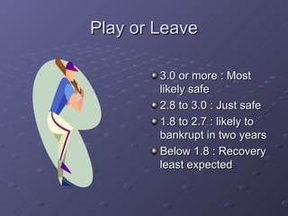 Play or Leave 3.0 or more : Most likely safe 2.8 to 3.0 : Just safe 1.8 to 2.7 : likely to bankrupt in two years Below 1.8 : Recovery least expected 