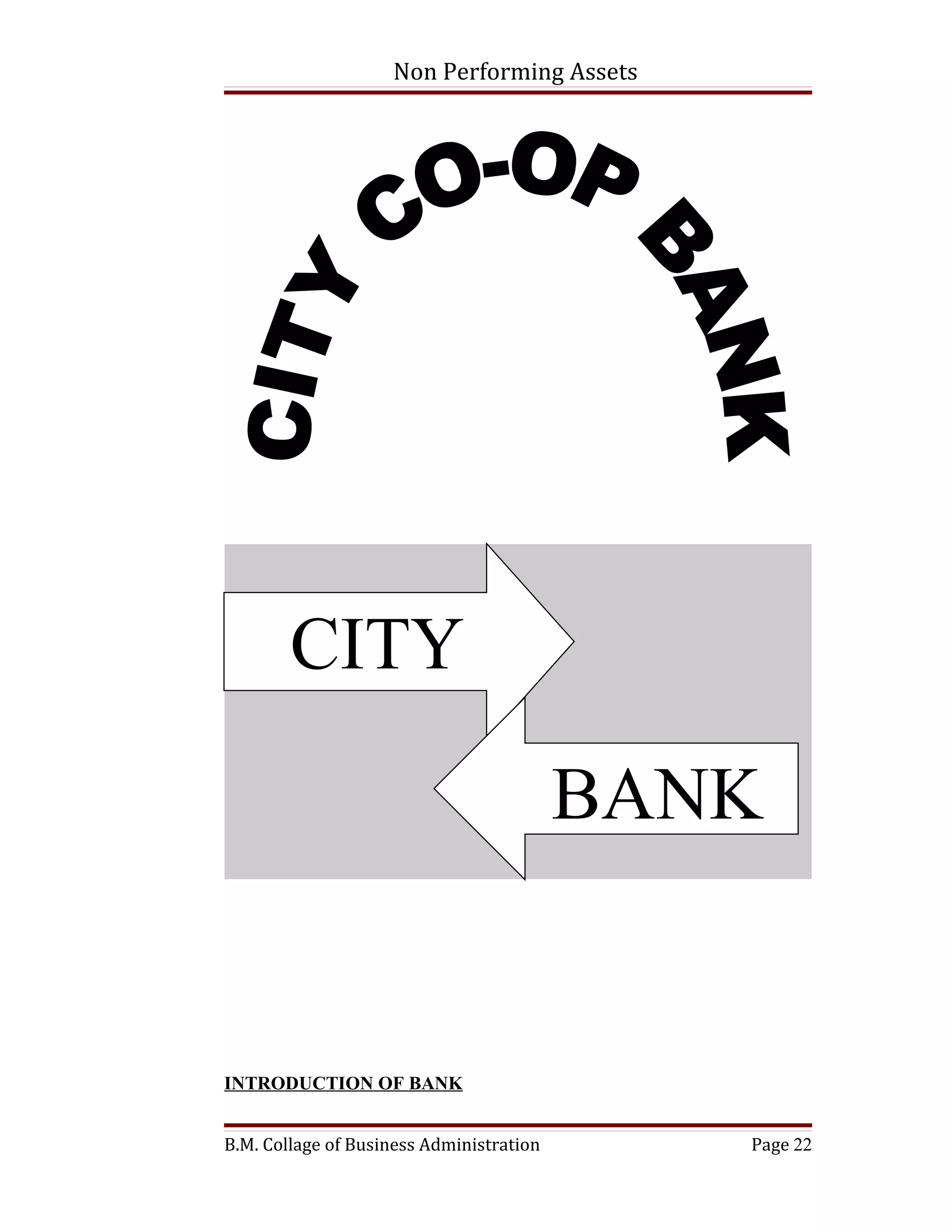 Non Performing Assets




        CITY

                                          BANK


INTRODUCTION OF BANK


B.M. Collage of Business Administration      Page 22
 