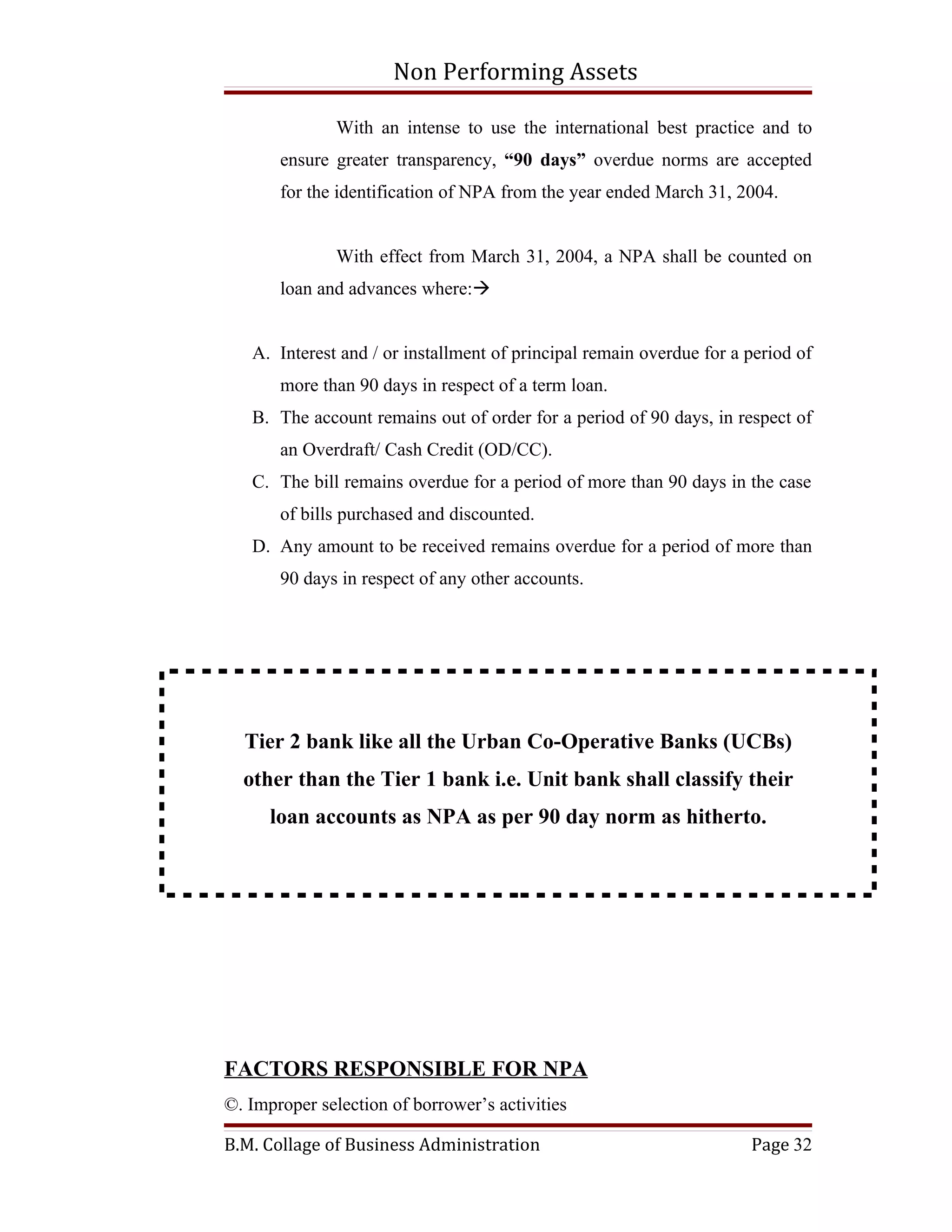 Non Performing Assets

               With an intense to use the international best practice and to
       ensure greater transparency, “90 days” overdue norms are accepted
       for the identification of NPA from the year ended March 31, 2004.


               With effect from March 31, 2004, a NPA shall be counted on
       loan and advances where:


   A. Interest and / or installment of principal remain overdue for a period of
       more than 90 days in respect of a term loan.
   B. The account remains out of order for a period of 90 days, in respect of
       an Overdraft/ Cash Credit (OD/CC).
   C. The bill remains overdue for a period of more than 90 days in the case
       of bills purchased and discounted.
   D. Any amount to be received remains overdue for a period of more than
       90 days in respect of any other accounts.




  Tier 2 bank like all the Urban Co-Operative Banks (UCBs)
  other than the Tier 1 bank i.e. Unit bank shall classify their
      loan accounts as NPA as per 90 day norm as hitherto.




FACTORS RESPONSIBLE FOR NPA
©. Improper selection of borrower’s activities

B.M. Collage of Business Administration                               Page 32
 