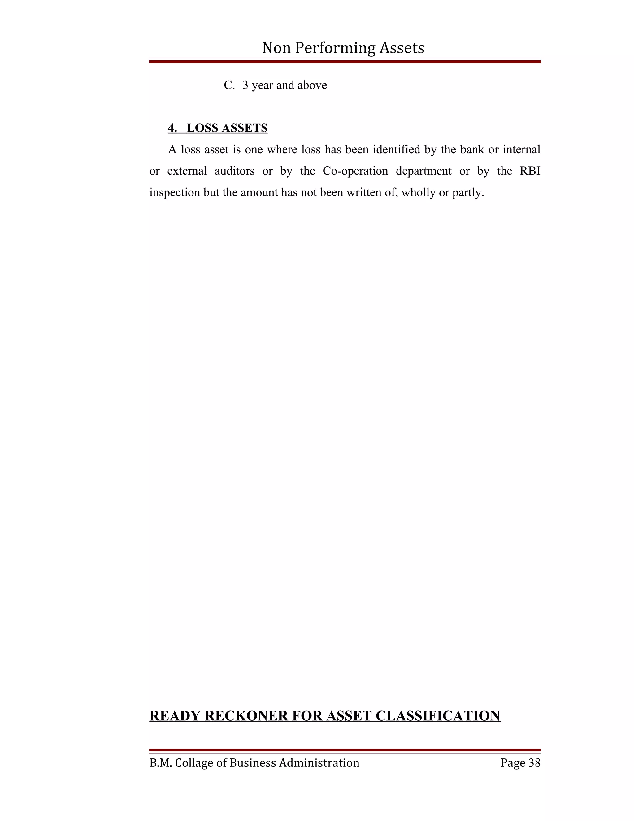 Non Performing Assets

               C. 3 year and above


   4. LOSS ASSETS
   A loss asset is one where loss has been identified by the bank or internal
or external auditors or by the Co-operation department or by the RBI
inspection but the amount has not been written of, wholly or partly.




READY RECKONER FOR ASSET CLASSIFICATION


B.M. Collage of Business Administration                                Page 38
 