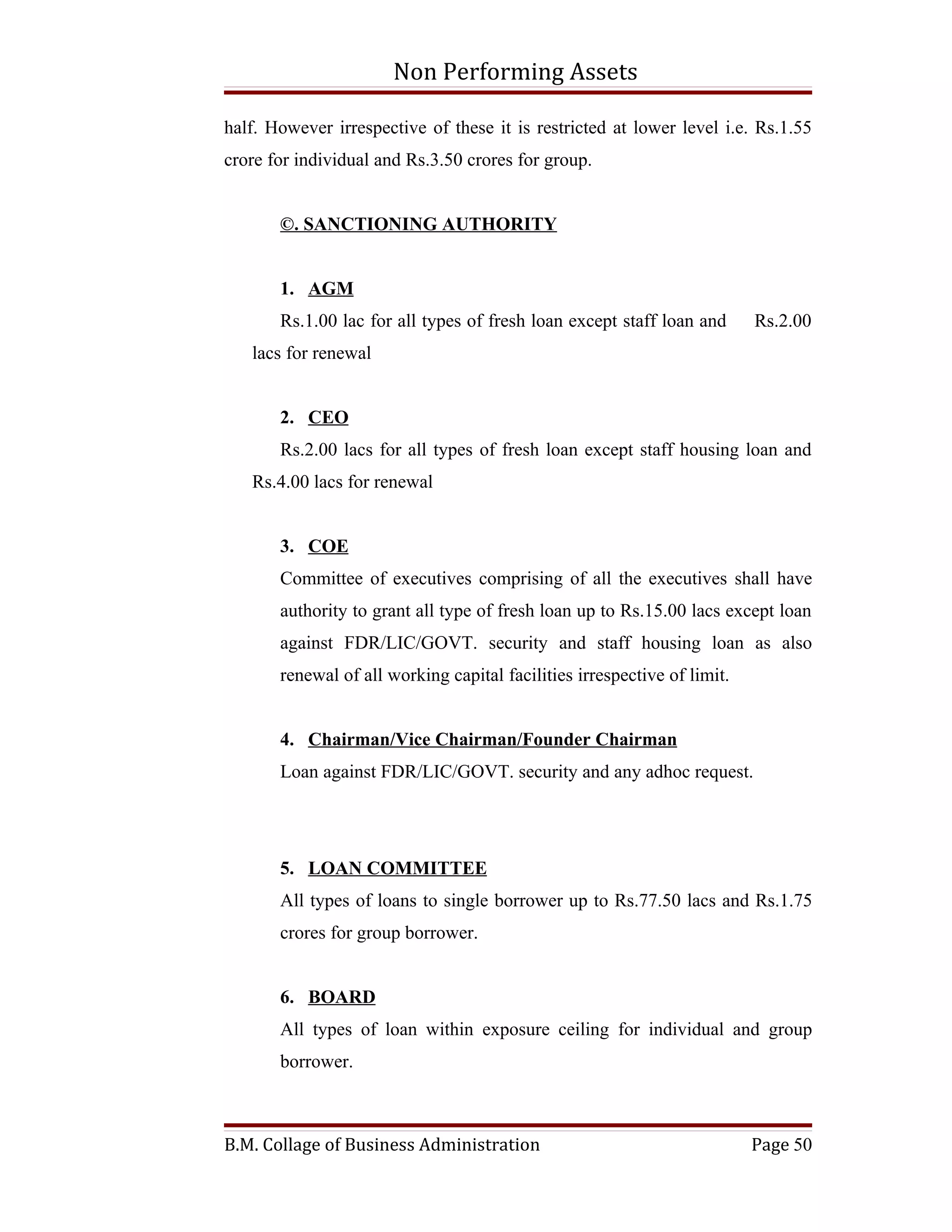 Non Performing Assets

half. However irrespective of these it is restricted at lower level i.e. Rs.1.55
crore for individual and Rs.3.50 crores for group.


       ©. SANCTIONING AUTHORITY


       1. AGM
       Rs.1.00 lac for all types of fresh loan except staff loan and      Rs.2.00
   lacs for renewal


       2. CEO
       Rs.2.00 lacs for all types of fresh loan except staff housing loan and
   Rs.4.00 lacs for renewal


       3. COE
       Committee of executives comprising of all the executives shall have
       authority to grant all type of fresh loan up to Rs.15.00 lacs except loan
       against FDR/LIC/GOVT. security and staff housing loan as also
       renewal of all working capital facilities irrespective of limit.


       4. Chairman/Vice Chairman/Founder Chairman
       Loan against FDR/LIC/GOVT. security and any adhoc request.




       5. LOAN COMMITTEE
       All types of loans to single borrower up to Rs.77.50 lacs and Rs.1.75
       crores for group borrower.


       6. BOARD
       All types of loan within exposure ceiling for individual and group
       borrower.



B.M. Collage of Business Administration                                   Page 50
 