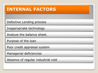 The banking sector has been facing the serious problems of the rising NPAs. But the problem of NPAs is more in public sector banks when compared to private sector banks and foreign banks.INTERNAL FACTORS