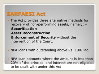 LOK ADALATTo settle disputes involving account in “doubtful” and “loss” category.Outstanding balance of Rs.5 lakhsfor compromise settlement.Proved to be quite effective for speedy justice and recovery of small loans. Progress through this channel is expected to pick up in the coming years