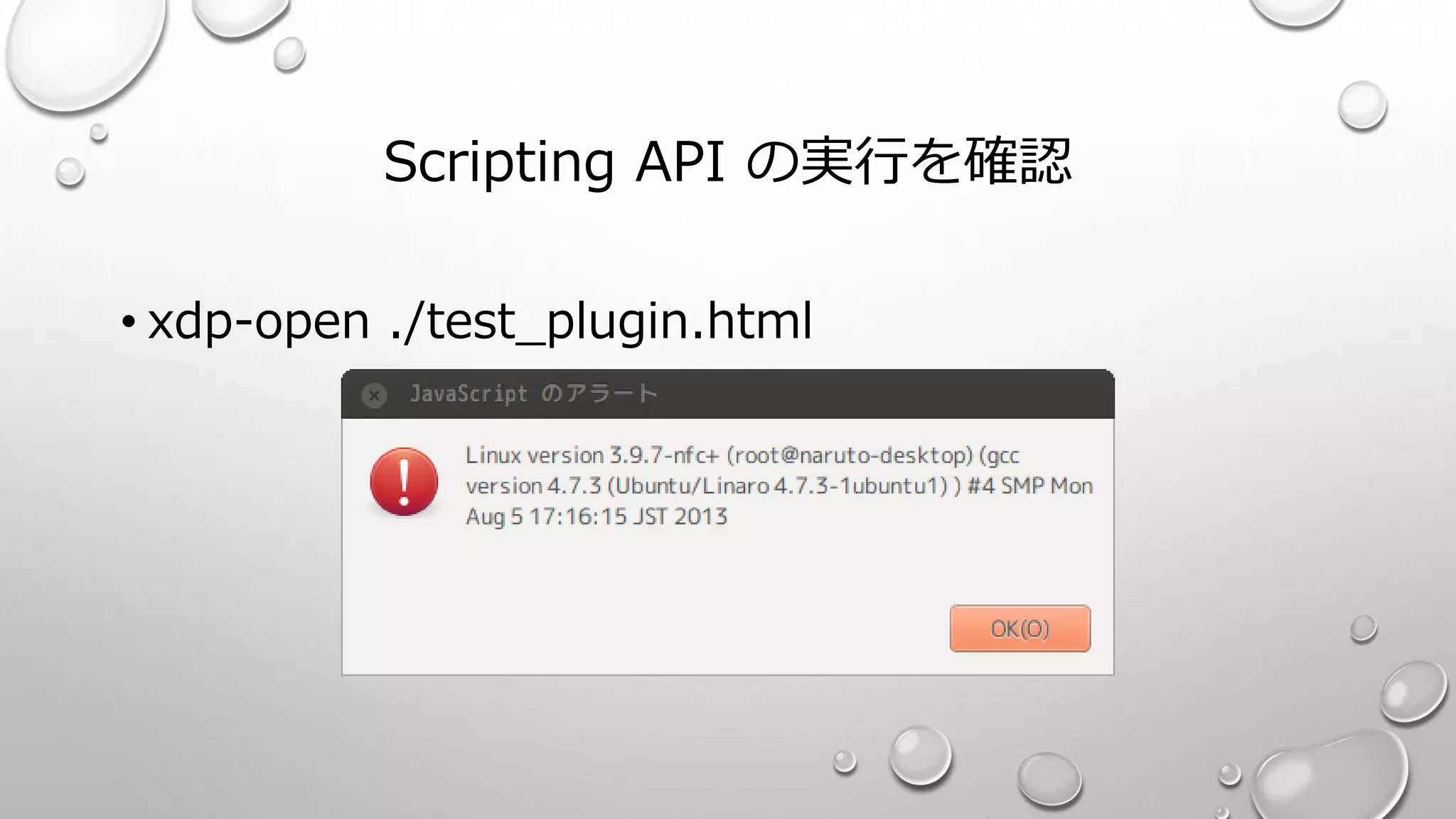 Scripting API の実行を確認
• xdp-open ./test_plugin.html
 