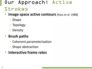 • Image space active contours [Kass et al. 1988]
         Shape
         Topology
         Density

     • Brush paths
...