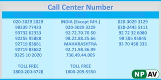 Call Center Number
TECH SUPPORT SALES ACTIVATION
020-3029 3029
98239 77433
93732 62333
92255 95888
92719 83681
92719 83682
9325 10 2020
TOLL FREE
1800-200-6728
INDIA (Except MH.)
020-3029 3229
92.72.70.70.50
98.22.88.25.66
MAHARASHTRA
92.71.98.36.99
730.49.44.005
TOLL FREE
1800-209-5550
020-3029 3129
020-2445 5111
92 72 32 6080
98 505 95845
93 70 458 333
 