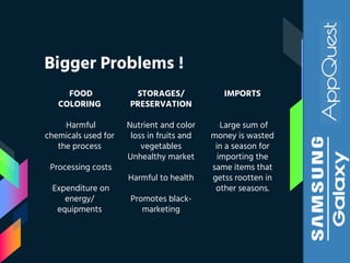 Bigger Problems !
›FOOD
COLORING
›Harmful
chemicals used for
the process
›Processing costs
›Expenditure on
energy/
equipme...