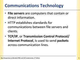 Communications Technology

XP

• File servers are computers that contain or
direct information.
• HTTP establishes standards for
communications between file servers and
clients.
• TCP/IP, or Transmission Control Protocol/
Internet Protocol, is used to send packets
across communication lines.

New Perspectives on Blended HTML and CSS Fundamentals, 3rd Edition

5

 