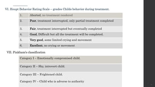 VI. Houpt Behavior Rating Scale – grades Childs behavior during treatment.
21
1. Aborted, no treatment rendered
2. Poor, treatment interrupted, only partial treatment completed
3. Fair, treatment interrupted but eventually completed
4. Good, Difficult but all the treatment will be completed.
5. Very good, some limited crying and movement
6. Excellent, no crying or movement
VII. Pinkham’s classification
Category I – Emotionally compromised child.
Category II – Shy, introvert child.
Category III – Frightened child.
Category IV – Child who is adverse to authority
 