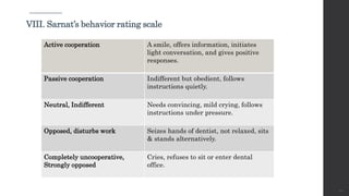 22
VIII. Sarnat’s behavior rating scale
Active cooperation A smile, offers information, initiates
light conversation, and gives positive
responses.
Passive cooperation Indifferent but obedient, follows
instructions quietly.
Neutral, Indifferent Needs convincing, mild crying, follows
instructions under pressure.
Opposed, disturbs work Seizes hands of dentist, not relaxed, sits
& stands alternatively.
Completely uncooperative,
Strongly opposed
Cries, refuses to sit or enter dental
office.
 