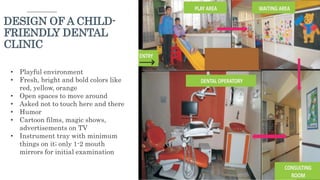30
DESIGN OF A CHILD-
FRIENDLY DENTAL
CLINIC
• Playful environment
• Fresh, bright and bold colors like
red, yellow, orange
• Open spaces to move around
• Asked not to touch here and there
• Humor
• Cartoon films, magic shows,
advertisements on TV
• Instrument tray with minimum
things on it; only 1-2 mouth
mirrors for initial examination
 