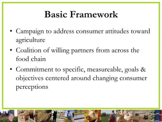 Basic Framework
• Campaign to address consumer attitudes toward
agriculture
• Coalition of willing partners from across the
food chain
• Commitment to specific, measureable, goals &
objectives centered around changing consumer
perceptions
 