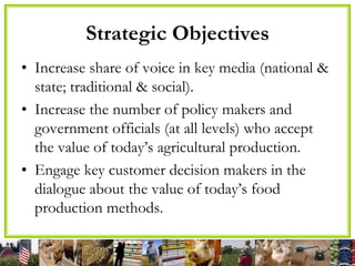 Strategic Objectives
• Increase share of voice in key media (national &
state; traditional & social).
• Increase the number of policy makers and
government officials (at all levels) who accept
the value of today’s agricultural production.
• Engage key customer decision makers in the
dialogue about the value of today’s food
production methods.
 