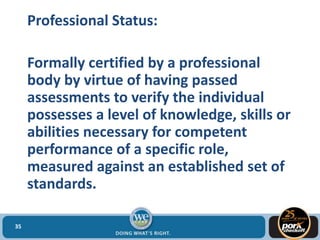 Professional Status:
Formally certified by a professional
body by virtue of having passed
assessments to verify the individual
possesses a level of knowledge, skills or
abilities necessary for competent
performance of a specific role,
measured against an established set of
standards.
35
 