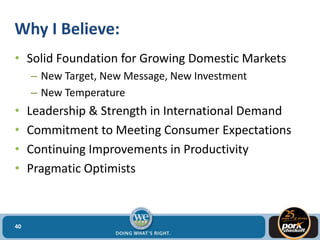 Why I Believe:
• Solid Foundation for Growing Domestic Markets
– New Target, New Message, New Investment
– New Temperature
• Leadership & Strength in International Demand
• Commitment to Meeting Consumer Expectations
• Continuing Improvements in Productivity
• Pragmatic Optimists
40
 